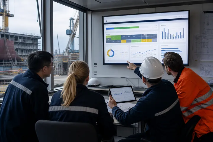 International shipbuilding project team reviewing progress and risk dashboards in a shipyard control room