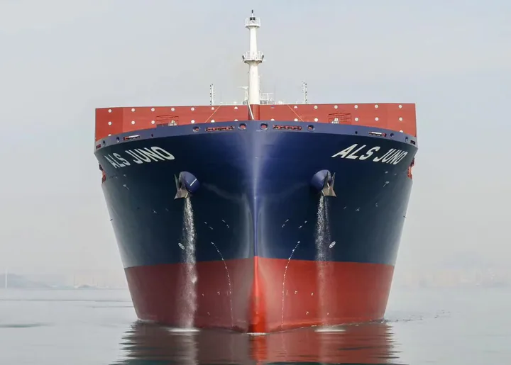 Frontal bow view of a large commercial vessel on the water