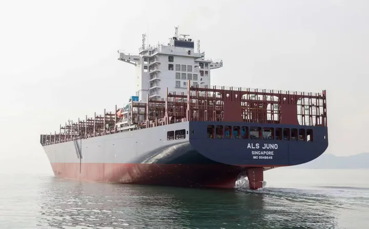 Large commercial vessel underway during sea-trial or delivery operations