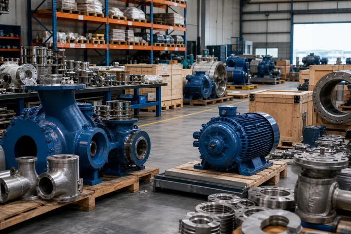 Marine pumps, motors, valves, flanges and spare parts arranged in an industrial supply facility